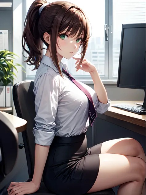 sitting, from side, looking at viewer,solo girl, 25 years old, medium hair, brown hair,ponytail , expressionless, dark green eyes, Large chest, office lady,office Room,  Best Quality,  High resolution,  Extremely detailed,  Detailed background,  Perfect Li...