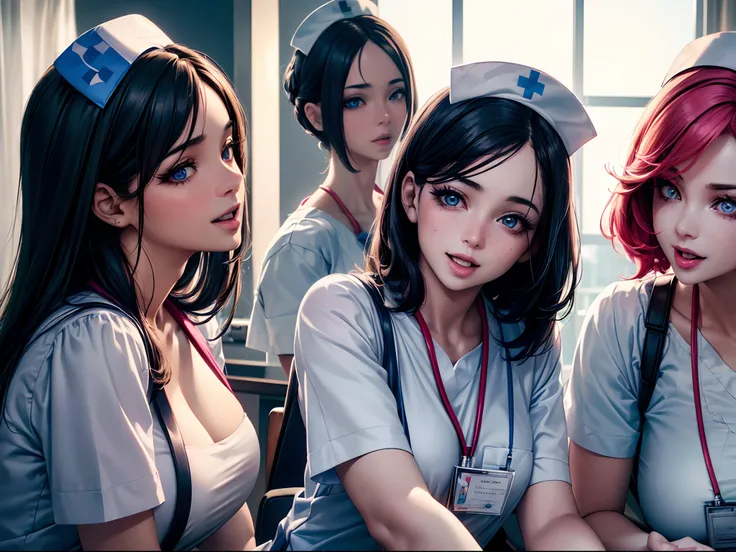 (a group of playful, mischievous nurses with (beautiful detailed eyes, beautiful detailed lips, extremely detailed faces) having a blast, enjoying themselves) + (in a hospital environment, wearing colorful scrubs) + (best quality, 4k, highres, masterpiece:...