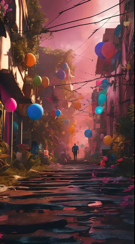 There was a man walking down the street with many balloons, beeple global illumination, 3 d render beeple, cinematic beeple, beeple. rendering by octane, beeple colors, Realism | beeple, Global illumination. vfx, beeple rendering, beeple artwork, Rosla glo...