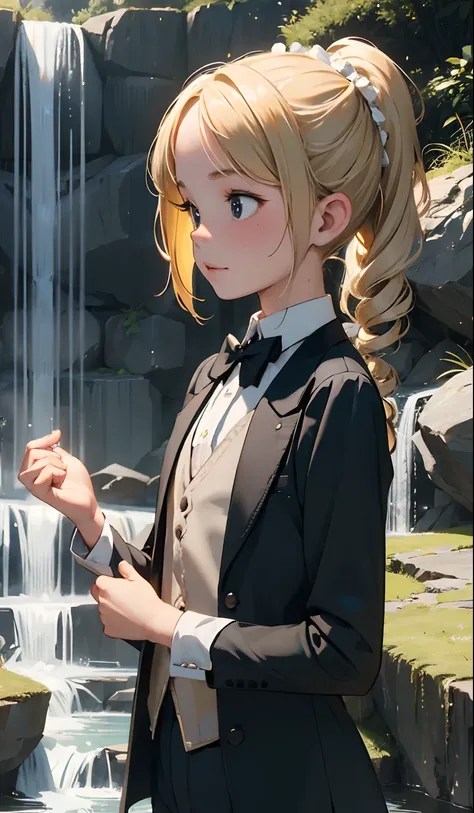 Perfect picture,,{Chiquita,Lolita}{Kid by the waterfall}{tailcoat}{hedonism},{I enjoy},8 years old girl,4K picture quality, Cinematic,,{Gamine},{small body and chest,,,,,,} Longhaire,a blond,Cute expression,face perfect