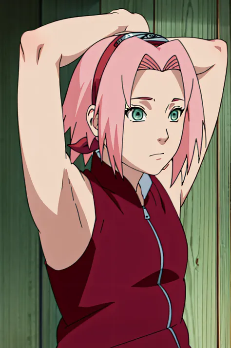 sakura haruno, sleeveless, red jacket, forehead protector, konohagakure symbol, arms behind head, armpits, showing armpits, posi...