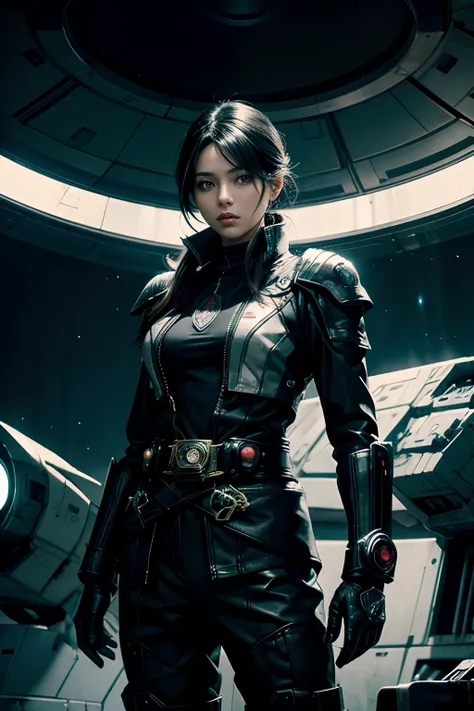 A beautiful woman stands in front of the command seat of a space battleship and takes command. Black hair. Mid 20s. He wears a black metallic battle uniform, and around his waist there is something reminiscent of Kamen Riders transformation belt. 8K image ...