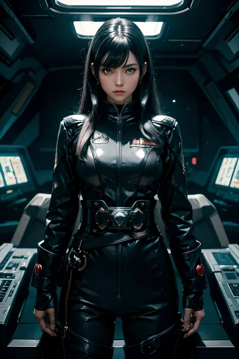 A beautiful woman stands in front of the command seat of a space battleship and takes command. Black hair. Mid 20s. He wears a black metallic battle uniform, and around his waist there is something reminiscent of Kamen Riders transformation belt. 8K image ...