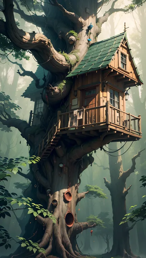 On a large tree, there is a treehouse with bleeding at the crack of the door. The atmosphere is eerie and eerie, with corpses, masterpieces, natural light, and ultra-high resolution everywhere --auto --s2