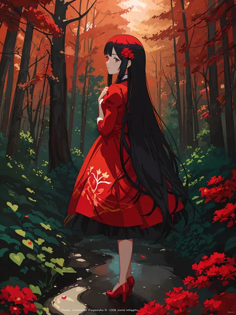 anime girl in red dress standing in a forest with flowers, anime lush john 8k woods, anime styled digital art, digital anime illustration, made with anime painter studio, beautiful anime art style, beautiful digital illustration, beautiful anime artwork, i...