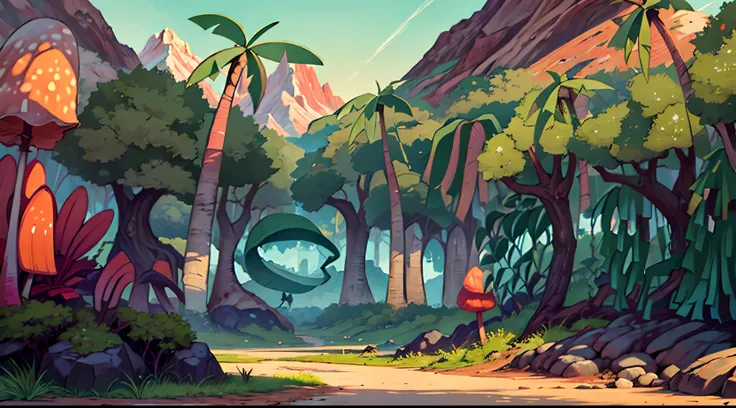 anime background illustration, (detailed, high quality, high resolution, masterpiece), mangrove trees, palm trees, monstera, mushrooms, rocks under the trees, (mountain in the background), empty ground in front of trees, dense forest,