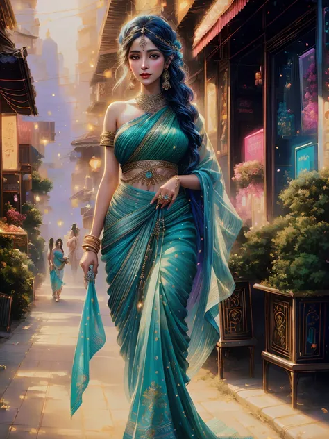 painting of a woman in a sari walking down a street, beautiful character painting, inspired by Magali Villeneuve, gorgeous woman, gorgeous digital painting, stunning digital illustration, beautiful digital artwork, stunning digital painting, beautiful digi...