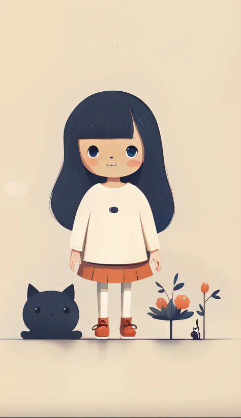 There was a girl and a cat standing in front of a plant, cute illustration, lovely art style, adorable digital art, Cute detailed digital art, Soft anime illustration, cute character, lovely digital painting, cute detailed artwork, inspired by amy sol, cut...