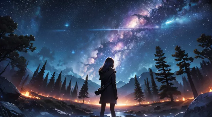 ​masterpiece、Background with((Fantastic starry sky、meteors、black hole))、Depth((Giant Tree、Fantastic、Luminescent))、a beauty girl、onepiece、Rear view