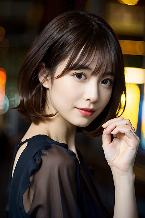 Woman in her early 30s、very short-haired、dark brown hair