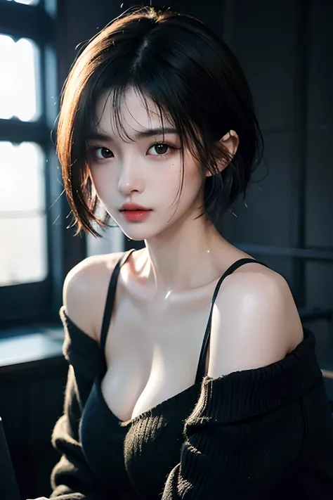 超A high resolution, masutepiece, Best Quality, perfect glossy shiny skins, Perfect Lighting, Detailed Lighting, Dramatic shadows, Ray tracing, 1girl in, Upper body, Black sweater, Looking at Viewer, off shoulders, Exposed cleavage, Sharp face, Sharp eyes, ...