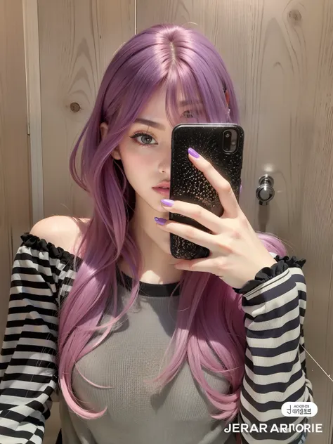 arafed mujer con el pelo rosa tomando una selfie en un espejo, ulzzang, long purple hair, cabello largo morado, con cabello rosa...