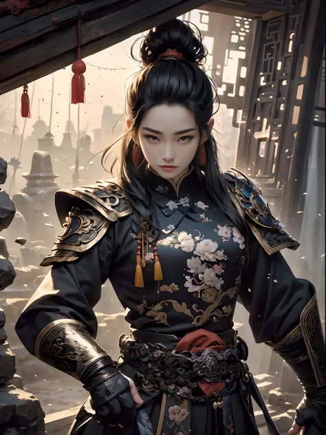 (((chinese man))) best quality, very high resolution, detailed cg in 4k, masterpiece, woman, black hair, blue armor, chinese peo...