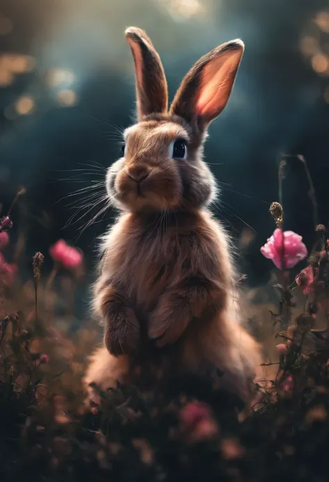 bunny, blur, bunny, flower, nature, no_humans, depth of field, to8contrast style, DARK_Glam, wearing DRK_Glam, deep shadows, (dark: 1.4), (8k, RAW photo, best quality, masterpiece: 1.2)