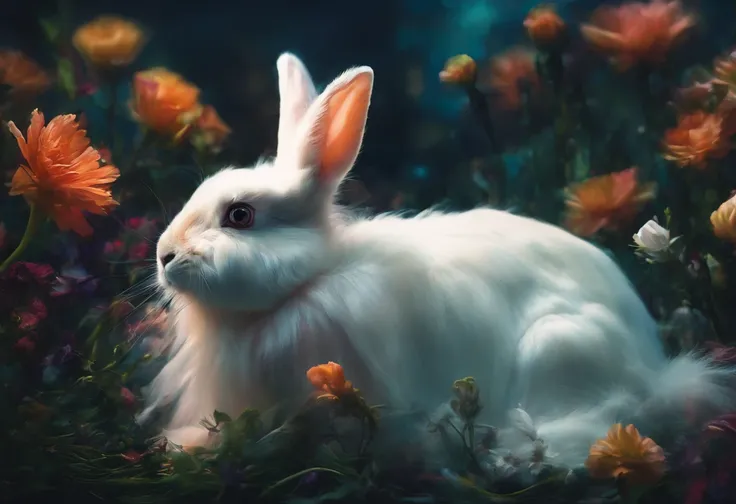 bunny, blur, bunny, flower, nature, no_humans, depth of field, to8contrast style, DARK_Glam, wearing DRK_Glam, deep shadows, (dark: 1.4), (8k, RAW photo, best quality, masterpiece: 1.2), painting by Van Gogh