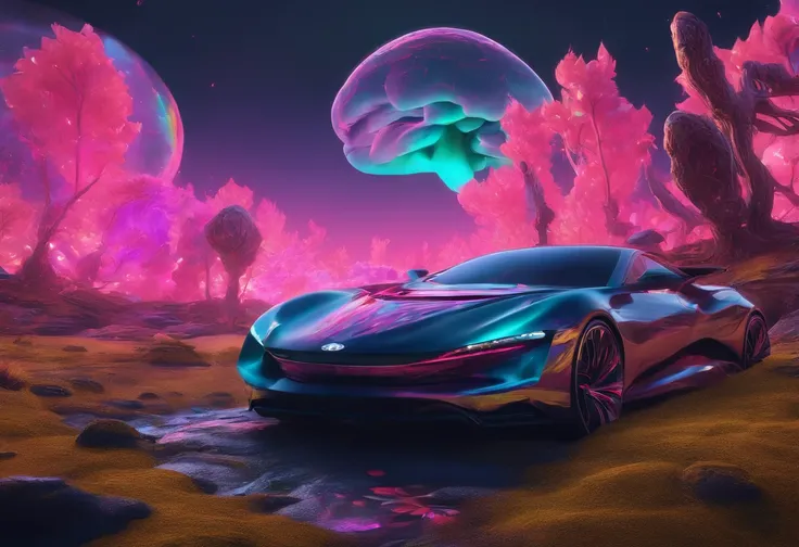 swpunk, synthwave, paint splatters, (extremely detailed 8k wallpaper), a crazy alien landscape with giant glowing mushrooms and colorful moss growing on rocks, ray tracing, detailed reflections, Intricate, High Detail, dramatic, best quality masterpiece, p...