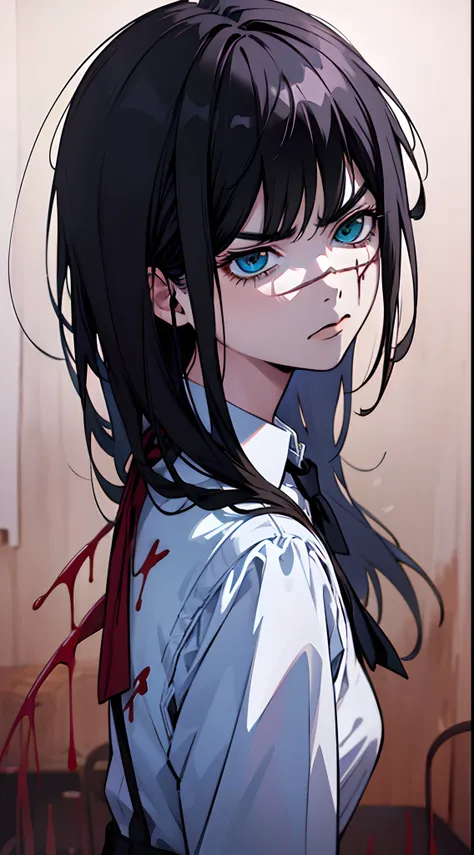 masterpiece, best quality, 1girl, yoru, war devil, chainsaw man, black hair, cool, angry, blood, black background