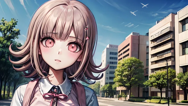 chiaki nanami sentado en un banco del parque, mirando al horizonte, pensativo, estar absorto, daylight, hermoso parque, pelo cor...