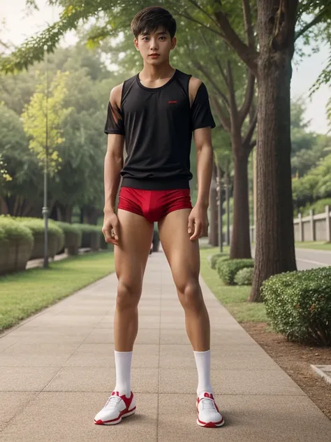 16 years old teenagers , very young , light-skin , wearing an dark red sexy underwear, tmasterpiece，k hd，the feet，Transparent sports vest，semi transparent，black long socks，The barefoot , red colour , handsome and cute , extreme cute boy , white skin , dark...