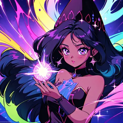 1girl, dark skin, Long black silky hair, witch casting a spell, glowing magic, colorful background, illustration