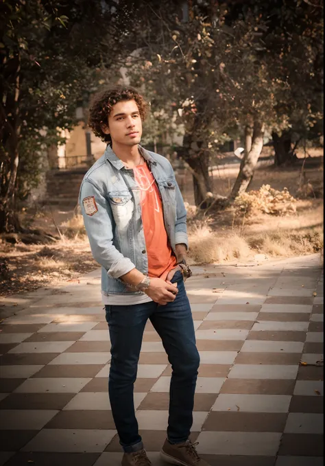 Smart boy denim jacket good looking curly hair