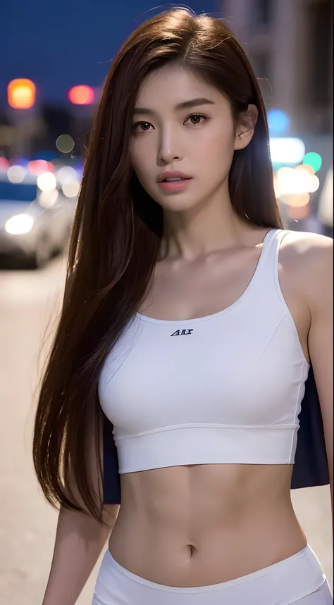 ((Realistic lighting, Best quality, 8K, Masterpiece: 1.3)), Clear focus: 1.2, 1girl, Perfect Figure: 1.4, Slim Abs: 1.1, ((Dark brown hair)), (White crop top: 1.4), (Outdoor, Night: 1.1), City streets, Super fine face, Fine eyes, Double eyelids,