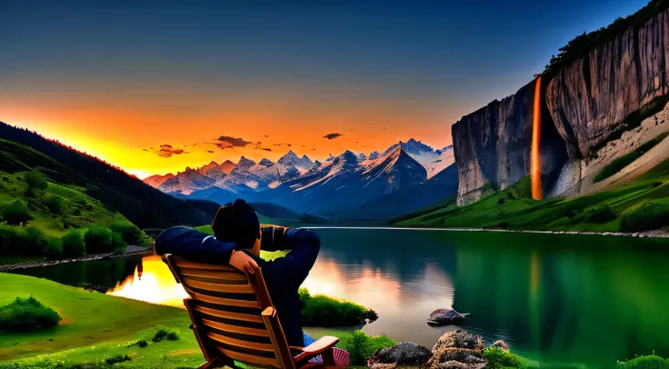 There was a man sitting on a chair on the hill，Con vistas al lago, sentado frente a un lago, Tiempo de enfriamiento. Buena vista, Paisaje solitario pero tranquilo!!, cerca de un lago, por Muggur, sitting on the river, Impresionante naturaleza en el fondo, ...