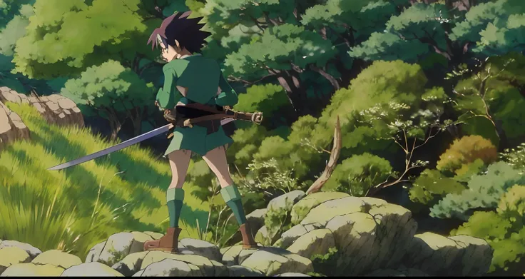 anime scene of a woman with a sword standing on a rock, style in ghibli anime, studio ghibli anime screenshot, style in ghibli anime style, miyazakis animated film, medium shot. by hayao miyazaki, miyazaki movie scene, style of hayao miyazaki, ghibli scree...