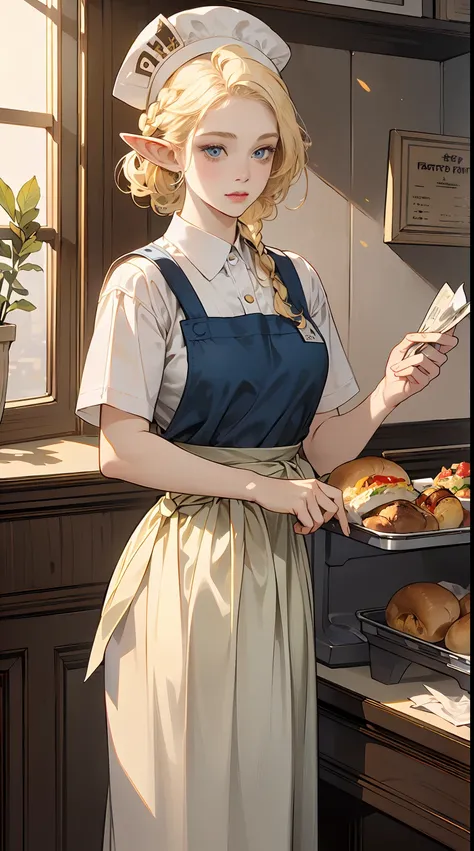 (masterpiece), best quality, expressive eyes, perfect face, (1elf girl working at a fast food restaurant), ((wearing a yellow and red apron and a food service hat)), (standing behind the cash register with the menu on the board behind her), paint on her fi...