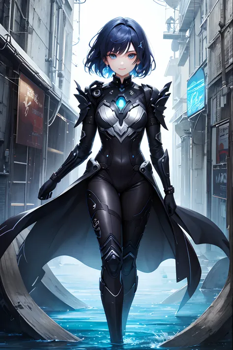 top-quality、Top image quality、​masterpiece、超A high resolution、Android Beautiful Girl、sixteen years old, Cybersuit glowing black, The source of red energy on the chest、Blue hair、short-haired,Blue eyes、A slender、Gentle smile、The face is depicted in detail、Ey...