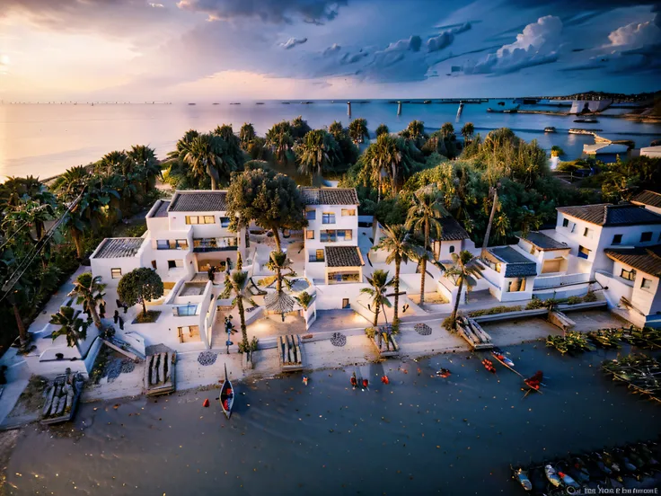 coastal village，ancient buildings of china，coconut palms，blue sea，seagulls，sail ships，drone point of view，top-down view，sunset l...