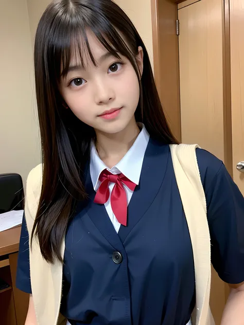 Best-quality, Masterpiece, Ultra-High-Resolution, (Photorealistic:1.4), Raw-Photo, Extremely-Details, Perfect-Anatomy, 

1girl, 12-years-old, the most popular Japanese idol, in her room, portrait, face focus, innocent smile, 

wearing Japanese high-school ...