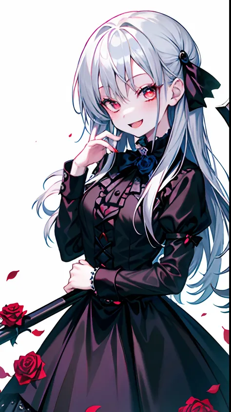 (8K、Masterpiece、masutepiece、​masterpiece)Vampires、Black dress、Cool dresses、Red Rose、roses、Background Simple、demon realm、cute little、a cool、(1girl in、the scythe、Diabolical、pluma)Silvery hair、Pale flesh-colored skin、Golden eyes、Cat-like pupils、a smile、There ...