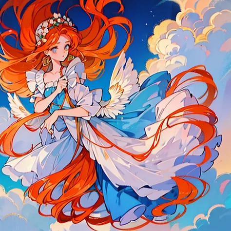 1girl, goddess with fluffy long orange hair, up in the clouds, beautiful flowy and fluffy dress, radiant, ethereal.