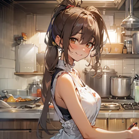 ​masterpiece、top-quality、(brown long ponytail:1.1)、20-year-old yellow-eyed woman、japanese comic book、wearing white tunk top、Wearing an apron、(emphasis on large breasts:1.1)、(A shy and discreet smile:1.3)、(Close-up of the subjects face:1.3)、(Staring:1.3)、Th...