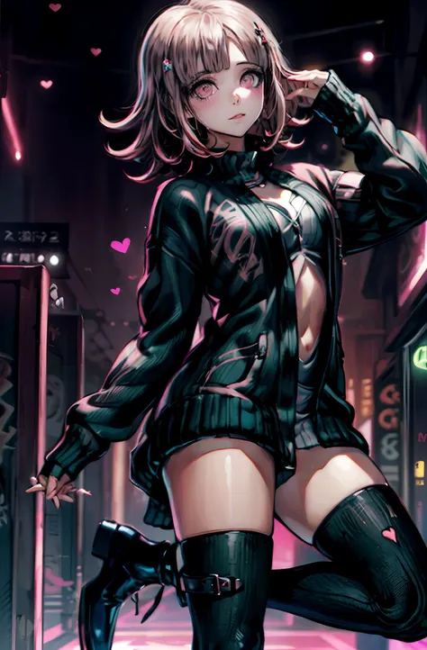 chiaki nanami en una rave, mirando al espectador con una sonrisa seductora, confiado, club nocturno, neon lights, pelo corto ros...