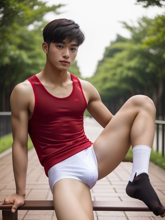 16 years old teenagers , very young , light-skin , wearing an dark red sexy underwear, tmasterpiece，k hd，the feet，Transparent sports vest，semi transparent，black long socks，The barefoot , red colour , handsome and cute , extreme cute boy , white skin , dark...