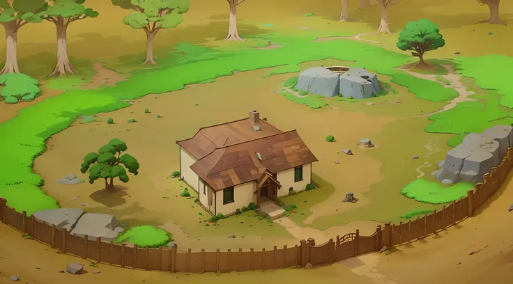 a house in the middle of an area surrounded by a wooden fence, dark brown soil, several coconut trees and lush trees, lots of bushes and quite large stones, old house, daytime atmosphere, has an entrance fence made of wood, jungle in background, anime, aim...