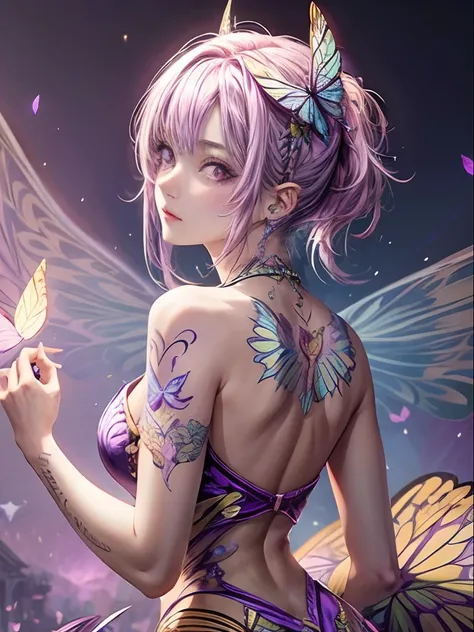 1girll ,There is a butterfly tattoo on the back,butterfliesdancing，glowy skin, Light purple hair, Purple trump card,A high resolution,Ultra photo realsisim, Ultra detail