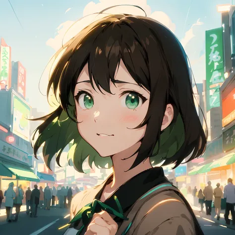 Anime girl with brown hair and green eyes standing in a busy city, style of anime4 K, Makoto Shinkai. a digital rendering, makoto shinkai art style, atey ghailan 8 k, Shinkai Makoto style, anime visual of a cute girl, anime moe art style, Anime art wallpap...