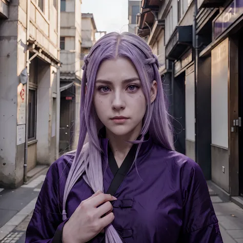 Jujutsu kaisen style anime pretty girl long dark purple roots too white then light purple tips purple eyes with beautiful features and a scar on left cheek revealing uniform middle aged early twenty’s