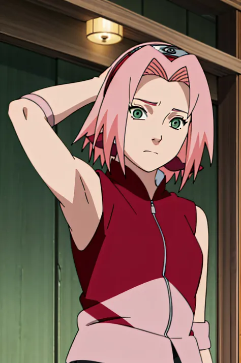 sakura haruno, sleeveless, red jacket, forehead protector, konohagakure symbol, arms behind head, armpits, showing armpits, posi...