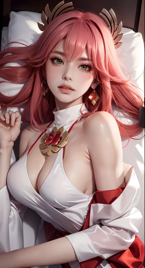 on bed, lying on bed sexy, (Masterpiece, Excellent, 1girl, solo, complex details, color difference), realism, ((medium breath)), off-the-shoulders, big breasts, sexy, Yae Miko, long pink hair, red headdress, red highlight, hair above one eye, green eyes, e...