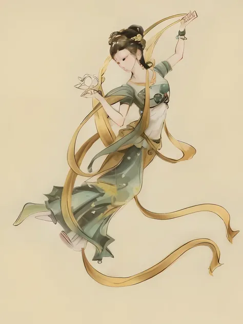 A woman in a green and yellow dress is dancing with a long ribbon, an ancient Chinese goddess, guanyin of the southern seas, Inspired by Lan Ying, inspired by Yun-Fei Ji, Guanyin, standing gracefully upon a lotus, chinese ribbon dance, Inspired by Qiu Ying...