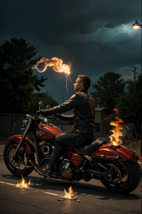 high quality, cinematic ray , realistic digital art illustration epic lightning Ghost rider driving a harley davidson fat boy in flames