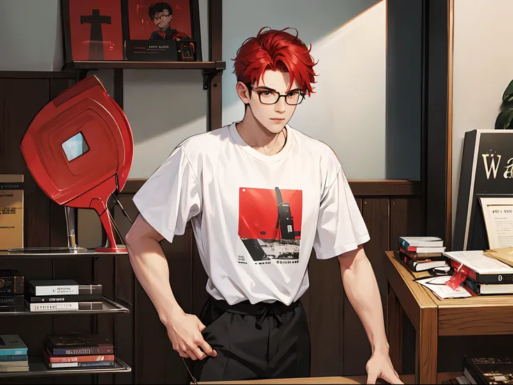 of a guy，Wearing round-rimmed glasses，red tinted hair，Wear a T-shirt，holding crossbow。