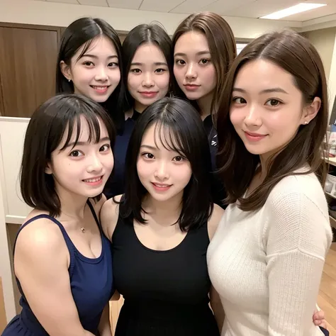 Group photo of 5 girls, portrait of a japanese teen,(Best Quality,4K,8K,hight resolution,masutepiece:1.2),Ultra-detailed,(Realistic,Photorealistic,Photorealsitic:1.37),cute-style,dian,Dribbling High Detail 8K,Studio Lighting - V 6, Randomly cute pleated sk...