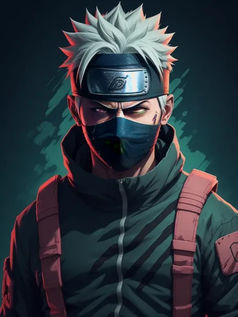 kakashi from naruto series, scar on right eye, wearing mask ,man ripping open his chest, synthwave aesthetics, illustration, vec...