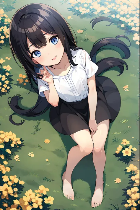 flower fiels, animw girl, black long hair, blue eyes, smile, white shirt, black skirt, barefoot, lying on the ground, top view