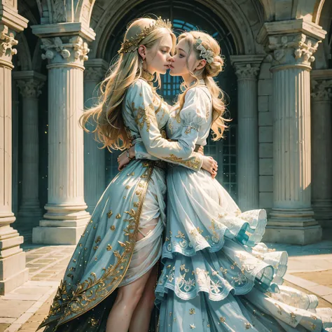 (realistic:1.3), finely detailed, UHD, (masterpiece:1.2), (photorealistic:1.2), (detailed skin:1.3), (intricate details), 2 white twin sisters (German) and lovers, embracing and kissing on mouths and feeling each others small butts, blond hair, 20 years ol...